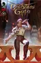 Cover art for Baldur’s Gate comic issue 1. A fantasy character with light brown hair, wearing a light-colored tunic and dark pants, stands with one arm raised, holding a glowing staff. Background shows a dark, misty cityscape with faint magical effects.