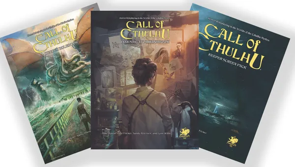The image features two books from the 50th Anniversary Collectable Slipcase Set for Call of Cthulhu. On the left, the "Investigator Handbook" showcases a character with a backdrop of mysterious images and documents, while the right side displays the "Keeper Screen Pack," featuring a dark, atmospheric cover with a lighthouse and ominous sea. Both books are adorned with the Chaosium logo, emphasizing their connection to the Cthulhu mythos.