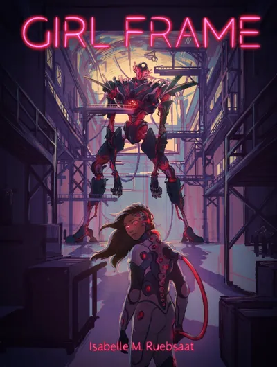 A futuristic industrial setting with a large red neon sign reading "GIRL FRAME" at the top. In the foreground, a woman with long brown hair and glowing red eyes wears a form-fitting suit with circular red accents and a red energy whip. Behind her, a towering red and black mech suit with glowing red eyes and sharp, angular limbs stands in a dynamic pose, as if ready for action. The background features metal scaffolding, pipes, and industrial structures, illuminated by a warm, glowing light.