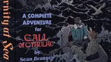 A box titled "Eternity at Sea" features a dramatic illustration of a rocky coastline with a dark, ominous building perched atop a cliff, surrounded by turbulent waves and seagulls in flight. Two figures in a small boat are depicted in the foreground, navigating the choppy waters, while the title and subtitle highlight it as a complete adventure for the Call of Cthulhu roleplaying game. The overall color palette includes deep blues and grays, enhancing the eerie atmosphere of the scene.