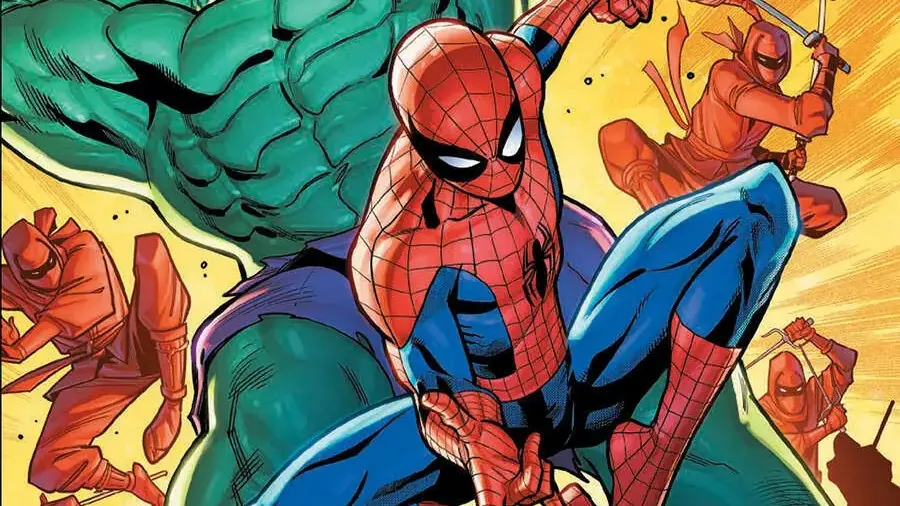 Spider-Man crouching, Hulk and ninjas fighting, text "SPIDER-MAN MIDTOWN MAYHEM ONE-SHOT ADVENTURE"