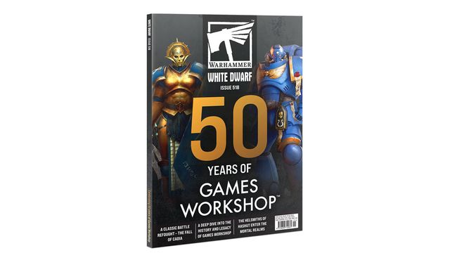 The cover features the "White Dwarf" magazine, issue 518, celebrating "50 Years of Games Workshop." On the left, a golden armored character stands, while on the right, a blue-armored Space Marine is depicted. The background is dark, with bold text highlighting the anniversary and additional features of the issue.