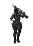 Fully armored mercenary in dark tactical suit, holding dual green-lit assault rifles. Skull visor with glowing eyes, orange and black chest plate with "EAT CHAOS" text, and purple accents on helmet.
