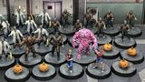 A collection of 30mm scale resin miniatures from the "Monsters Invaded My Town" set features various characters, including 16 zombies, a Frankenstein figure, a Sludge creature, a Werewolf, and two heroes. The scene includes five pumpkin spawn points, with the miniatures displayed on 32mm black plastic bases. The background shows a stylized urban environment, enhancing the thematic elements of the game.