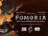 A dark and atmospheric graphic features the title "Fomoria: Epic Folk Horror Roleplaying" prominently in the center, with the names Tania Herrero and Johan Nohr displayed above and below, respectively. The background is rich with deep, shadowy colors, depicting eerie, fantastical elements such as twisted figures and abstract shapes that evoke a sense of unease. Icons representing compatibility with Mork Borg and other games are positioned at the bottom, enhancing the thematic connection to the folk horror genre.