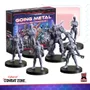 A set of six cyborg miniatures from Monster Fight Club's "Going Metal" collection, designed for the Cyberpunk Combat Zone game, is displayed in the foreground. Each miniature features a unique design, showcasing various cybernetic enhancements, and stands on circular black bases. Behind them, the packaging for the set is visible, featuring vibrant artwork and the title "GOING METAL" prominently displayed.