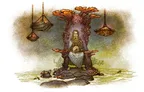 Bearded figure in robe on coral-like throne, holding a fan, with hanging lanterns and sea creatures.
