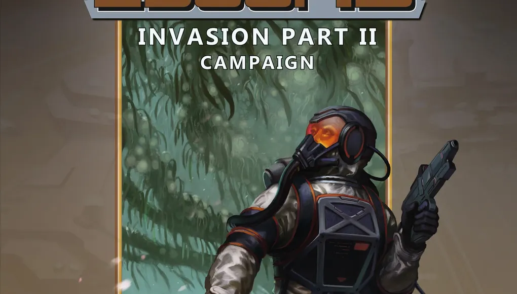 A futuristic cover illustration for "2300AD: Invasion Part II" features a humanoid figure in a high-tech spacesuit, complete with a helmet and orange-tinted visor, standing in a dense, alien environment filled with green foliage. The character is holding a weapon and appears to be surveying the surroundings, suggesting a sense of tension or readiness. The title "2300AD" is prominently displayed at the top, with "INVASION PART II" and "CAMPAIGN" below it, set against a contrasting background that enhances the sci-fi theme.