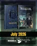 A dark blue leatherette book titled "Call of Cthulhu: Innsmouth" is displayed on the left, featuring ornate gold detailing and an illustration of a mysterious building. On the right, a standard edition of the same title showcases a dramatic cover illustration depicting two men in 1920s attire, one holding a lantern, set against a shadowy urban backdrop. The text at the bottom indicates a release date of July 2026.