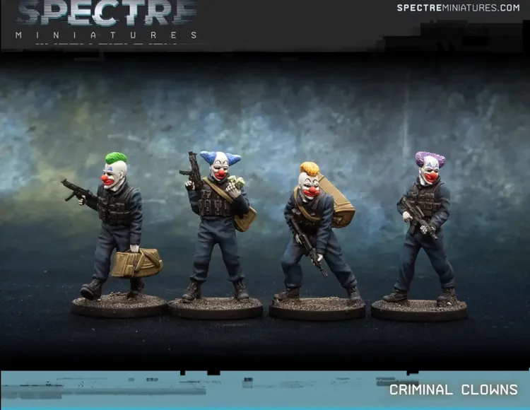 Four clown-masked figures in tactical gear holding guns, with "SPECTRE MINIATURES" text above.