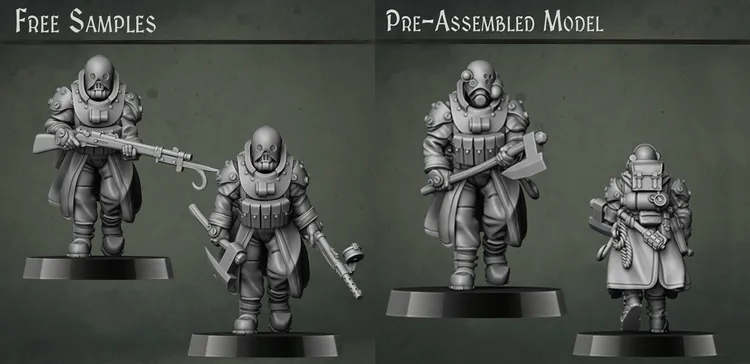 Two grimdark trooper miniatures are displayed on black bases against a textured dark green background. The left figure holds a rifle and wears a bulky, armored coat with a gas mask, while the right figure is equipped with an axe and a firearm, showcasing a similar armored design. Both miniatures feature intricate details, emphasizing their trench-themed aesthetic suitable for dystopian sci-fi settings.