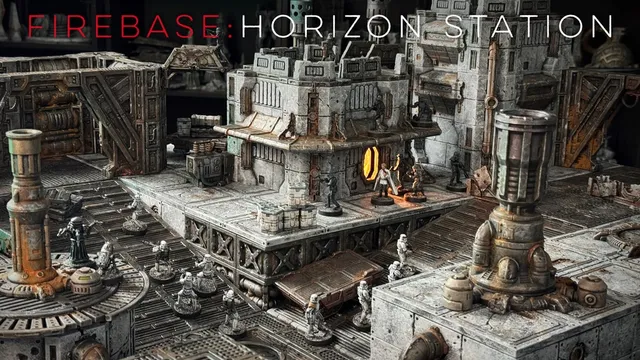 A detailed modular sci-fi terrain setup features various structures, including a large building with a glowing orange window and intricate textures, set against a backdrop of industrial elements. Several miniature figures are positioned throughout the scene, suggesting a skirmish or exploration scenario. The terrain is designed for tabletop gaming, showcasing a mix of crates, pipes, and machinery, all rendered in a weathered, metallic color palette.