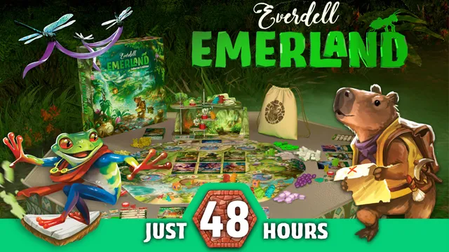 A vibrant tabletop scene showcases the Everdell Emerland expansion, featuring a lush jungle backdrop. In the foreground, a colorful frog character in a cape gestures towards the game components, which include a detailed game board, various tokens, and meeples. A cute, anthropomorphic creature resembling a bear holds an envelope, while the text "JUST 48 HOURS" is prominently displayed at the bottom, emphasizing the campaign's urgency.