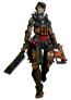 Futuristic mercenary in armored suit, holding large gun and sword. Helmet with glowing visor, orange and black tactical gear, and Chinese characters on forearm. Dark background.