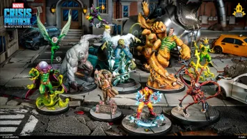 A dynamic scene features a group of iconic Spider-Man villains from the Marvel: Crisis Protocol game, set against a detailed urban backdrop. Prominent figures include Mysterio in a green and purple costume, the hulking Lizard, and Kraven the Hunter, all depicted in vibrant colors and intricate miniature detail. The setting includes a damaged street with a vehicle and a warning sign that reads "DANGER DO NOT ENTER THE ANIMALS," enhancing the dramatic atmosphere.