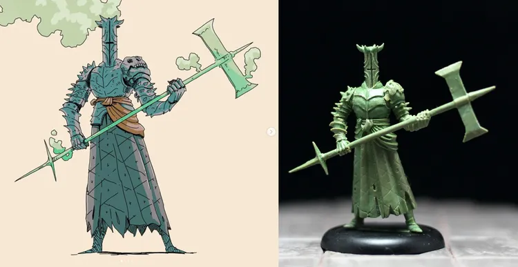 A stylized illustration on the left depicts a tall, armored knight with a textured, greenish-blue surface, holding a large, translucent green axe. The knight has a unique head resembling a tree or foliage. On the right, a three-dimensional resin miniature of the same knight is shown, featuring similar armor details and a raised sword, set against a dark background to highlight its features.