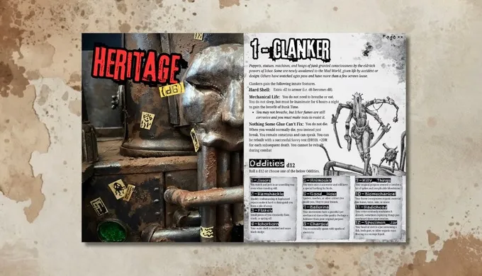 Metal pipes with yellow hazard stickers, a large metal skull, and text "HERITAGE" and "1 - CLANKER".