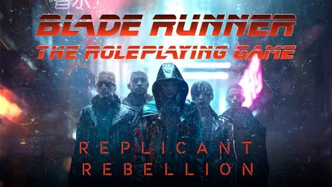 A group of five characters stands in a neon-lit urban environment, embodying a gritty, futuristic aesthetic. They wear dark, stylish clothing, including leather jackets and a hooded coat, suggesting a rebellious vibe. The title "BLADE RUNNER: THE ROLEPLAYING GAME" is prominently displayed at the top, with "REPLICANT REBELLION" in bold red letters at the bottom, emphasizing the theme of resistance against oppression.