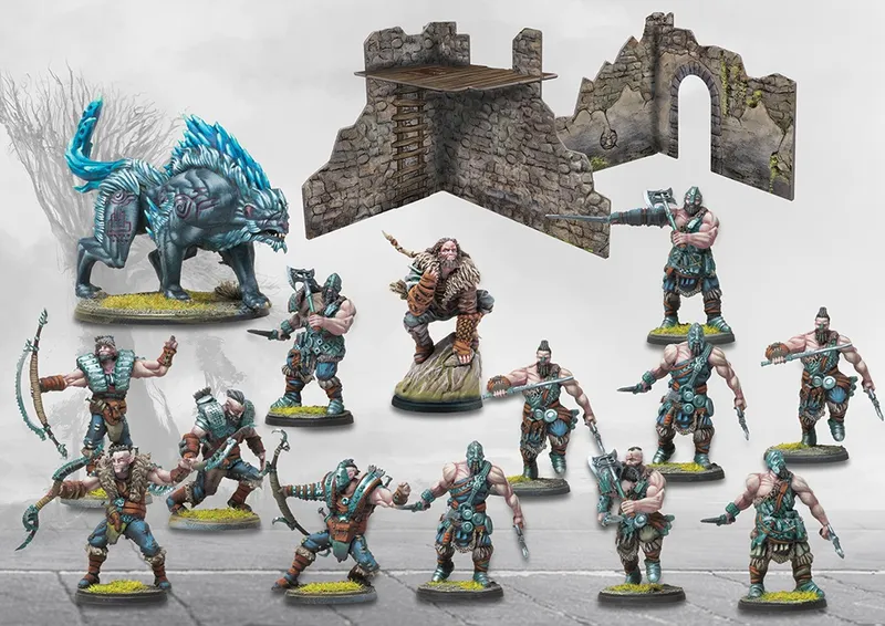 Miniature warriors, a wolf-like creature, and stone ruins with a wooden platform.