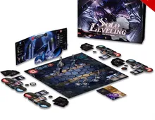 Solo Leveling board game box, components, and hexagonal game board with miniatures and cards.