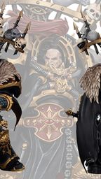 A highly detailed action figure of Abaddon the Despoiler from Warhammer 40,000 is showcased, featuring intricate armor adorned with gold and black accents. He wields a blue sword and is accompanied by the Talon of Horus, with a dramatic cape and a headdress decorated with skulls. The background features a faint image of Abaddon, emphasizing his imposing presence and the chaotic aesthetic of the character.