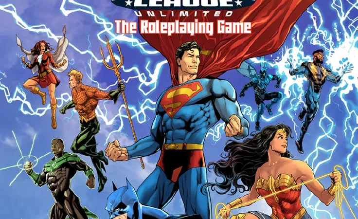 A dynamic illustration features iconic superheroes from the DC Universe, including Superman, Batman, Wonder Woman, and others, posed heroically against a backdrop of swirling lightning. Superman stands prominently in the center, flanked by Wonder Woman and Batman, while additional heroes like Green Lantern and Flash are depicted in action poses around them. The title "Justice League Unlimited: The Roleplaying Game" is displayed at the top, emphasizing the game's focus on teamwork and heroism.