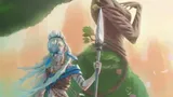 A blue-skinned woman and a tall, skeletal figure with a spear, surrounded by flowers and banners.