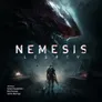 A futuristic, ruined cityscape with a large, menacing mechanical creature looming in the background. A lone, armored figure with a backpack and weapon stands in the foreground, facing the creature. The text "NEMESIS LEGACY" is prominently displayed in bold, glowing letters.