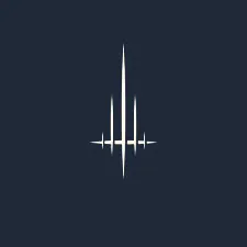 A minimalist logo featuring a stylized, symmetrical design with five vertical lines of varying heights, set against a dark background. The lines are white, creating a stark contrast with the deep color behind them. The overall effect is sleek and modern, suggesting a connection to a dynamic or action-oriented theme.