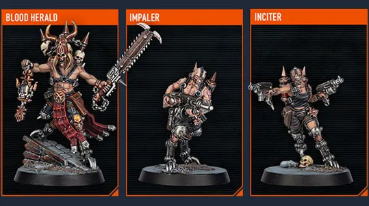 The image showcases three miniatures from the upcoming Kill Team expansion. On the left is the Blood Herald, a large figure adorned with skulls and wielding a massive chainsaw-like weapon, standing on a rocky base. In the center is the Impaler, a more compact figure equipped with a spear and wearing rugged armor, while on the right is the Inciter, who holds a firearm and features a dynamic pose, both standing on circular bases. Each miniature exhibits intricate details and a fierce aesthetic, fitting the chaotic theme of the Goremongers.