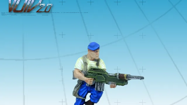 A miniature figure of Captain Dave “The Devil” Douglas stands in a dynamic pose, holding a large green weapon. He is dressed in a white shirt and blue pants, with a blue cap on his head, and is positioned on a round base adorned with small rocks. The background features a light blue grid pattern, emphasizing the figure's details.