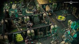 A detailed tabletop gaming scene features a futuristic battlefield with intricate terrain and structures. In the foreground, two armored figures wielding weapons stand ready, while several robotic Necron warriors are positioned strategically among the ruins. The environment is characterized by dark green and metallic colors, with glowing elements and a circular control panel in the center, enhancing the sci-fi atmosphere.