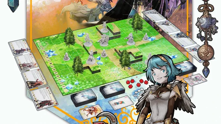 A vibrant tabletop scene features a green game board with a grid layout, populated by dynamic 40mm scale miniatures representing anime-style heroes and various terrain elements like trees and crystals. In the foreground, a character with blue hair and armor stands confidently, while nearby, cards and dice are arranged, indicating gameplay mechanics. The background showcases detailed artwork, enhancing the fantasy theme of the game.