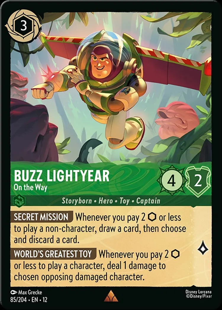 A trading card featuring Buzz Lightyear from Disney's Toy Story, depicted in a dynamic pose as he flies through a vibrant, lush environment filled with green foliage and colorful flowers. The card displays his name 