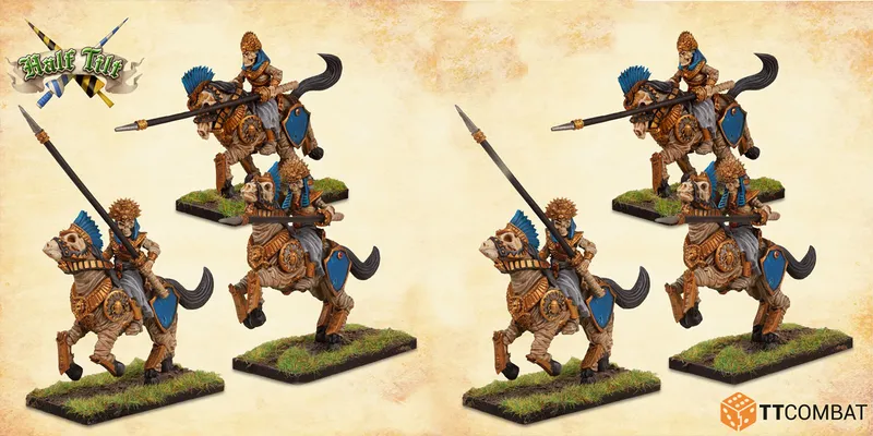 A set of four skeletal knights on horseback, each adorned in ornate armor with blue accents, is depicted in various poses. The knights wield lances and wear distinctive helmets, while their horses feature skeletal heads and decorative elements. The bases are covered in green grass, enhancing the fantasy theme of the scene.