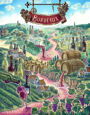 A vibrant, illustrated scene of the Bordeaux wine region. Rolling green vineyards stretch across the landscape, dotted with small houses and a stone aqueduct. A winding river flows through the center, with red wine pouring from bottles and barrels into the water. Multiple wine bottles, glasses, and wooden barrels are scattered throughout the scene. In the background, a village with houses and a church sits among the hills. A decorative banner at the top reads "Bordeaux," flanked by grape clusters.