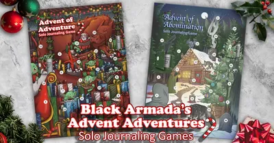 Two advent calendar-style solo journaling game covers with festive and spooky themes.
