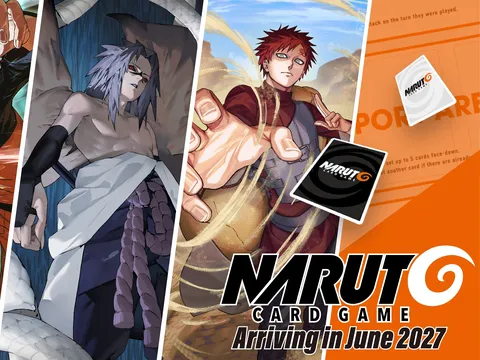 Two anime characters in dynamic poses: one with long gray hair and a purple outfit, the other with red spiky hair in a brown jumpsuit, fists raised. Orange and black game packaging with "NARUTO CARD GAME Arriving in June 2027" in bold white text. Two visible cards display the "NARUTO C" logo.