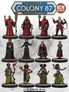 12 painted sci-fi miniatures in 3 rows, various robes and weapons.