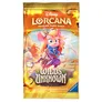 A brightly colored booster pack for the Disney Lorcana Trading Card Game, titled "Wilds Unknown," features a cartoon mouse character with pink ears and a blue scarf, dressed in a purple outfit with a belt and pouch. The background includes whimsical elements, suggesting an adventurous theme, with hints of a desert landscape. The pack prominently displays the text "12 ADDITIONAL GAME CARDS" along with the Disney Lorcana logo and Ravensburger branding.
