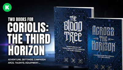 Two books: "Coriolis: The Third Horizon" and "The Blood Tree" with circuit-like cover art.