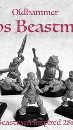A collection of ten hand-sculpted beastmen miniatures is displayed, showcasing a variety of bizarre mutations, including hooves, tentacles, and horns. Each figure is cast in white metal and features unique weapons and minimal armor, emphasizing their grotesque designs. The text "Oldhammer Chaos Beastmen 2" is prominently featured, along with a subtitle indicating they are inspired by 28mm miniatures.