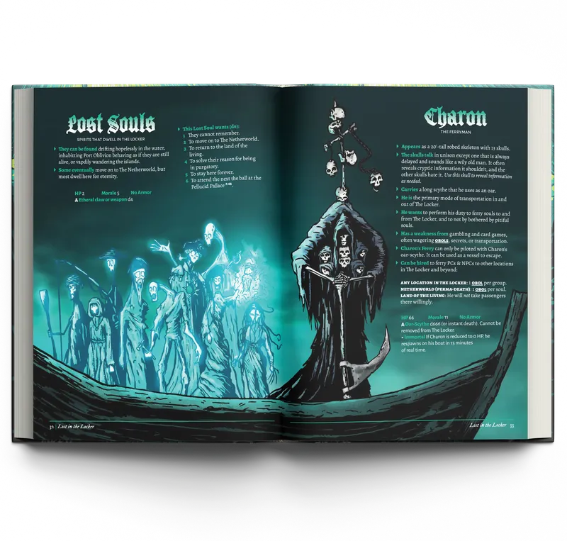 A two-page spread from a tabletop RPG book features a dark, eerie illustration of ghostly figures, referred to as "Lost Souls," drifting in a spectral manner. The left page describes these spirits, detailing their characteristics and desires, while the right page introduces "Charon," a skeletal figure with three skulls, who serves as the ferryman. The text is presented in a stylized font, with a color palette dominated by shades of teal and black, enhancing the haunting atmosphere of the scene.