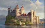 A medieval castle with multiple towers, turrets, and red-roofed buildings perched on a rocky hillside. In the foreground, a small sailboat with two figures glides on calm water. Flags with red crosses fly atop the castle.
