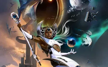 A futuristic warrior in white armor fights a dragon in space, with planets and debris around.