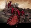 A skeletal woman with a large headdress and tattered red robes dances in a ruined ballroom. Behind her, a crumbling castle and decaying cityscape under a dark, stormy sky.