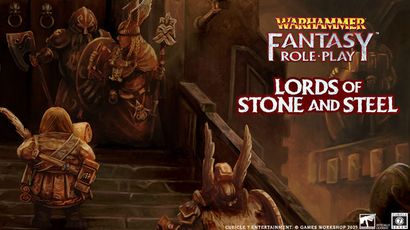 A group of dwarves is depicted in a dimly lit stone corridor, with one dwarf in the foreground facing the viewer, wearing a detailed armor and a large helmet. In the background, two other dwarves are engaged in conversation, one holding a shield and the other a weapon, suggesting a moment of preparation or strategy. The title "LORDS OF STONE AND STEEL" is prominently displayed, along with the "Warhammer Fantasy Role-Play" logo at the top.