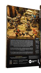 A hardcover rulebook for Warmachine is prominently displayed, featuring a striking cover with a large, armored warjack on the front. The back cover showcases a group of detailed miniatures in a rocky terrain, depicting various warcasters and constructs engaged in battle. Text highlights the core themes of the game, including its rich lore and the ongoing conflict in the Iron Kingdoms, while the spine of the book is labeled "CORE BOOK."