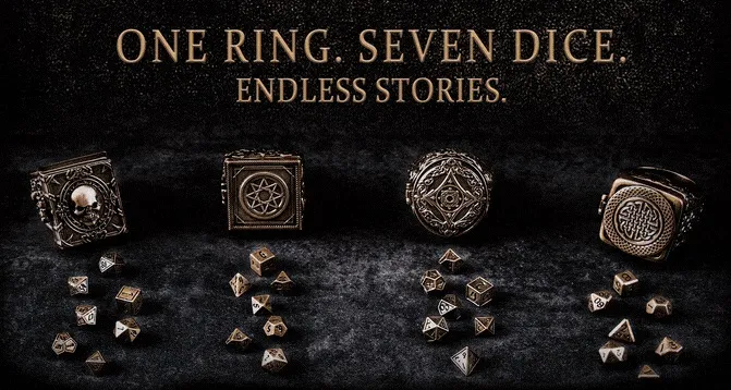 Four fantasy-themed rings are displayed on a dark surface, each featuring intricate designs and a hidden compartment for miniature RPG dice. The rings include motifs such as a skull, runes, and elven symbols, crafted from brass with an aged finish. Surrounding the rings are various polyhedral dice, including d4, d6, d8, d10, d%, d12, and d20, emphasizing the unique feature of each ring containing a complete set of seven dice. The text "ONE RING. SEVEN DICE. ENDLESS STORIES." is prominently featured above the rings.