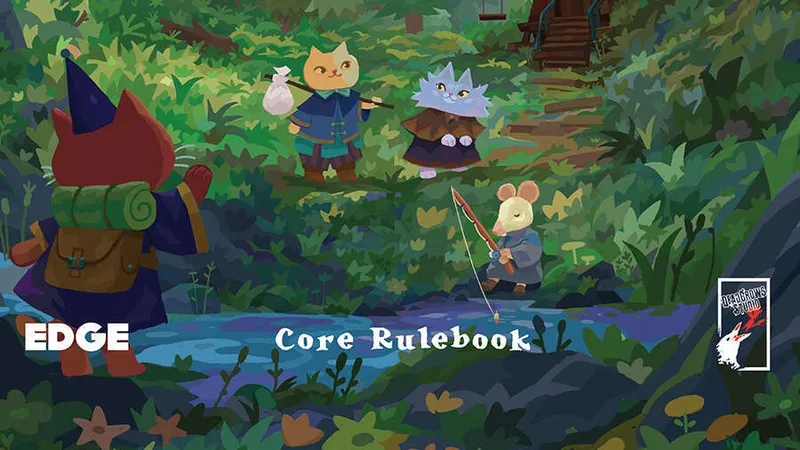 A whimsical illustration features a vibrant forest scene with a variety of anthropomorphic animals. In the foreground, a red cat wearing a wizard's hat and a backpack stands beside a yellow cat in blue clothing, while a blue cat with a mischievous expression and a mouse in a tunic are engaged in activities nearby. A charming wooden house is visible in the background, surrounded by lush greenery and mountains, creating a magical atmosphere. The title "Dungeons & Kittens" and "Core Rulebook" are prominently displayed at the bottom.